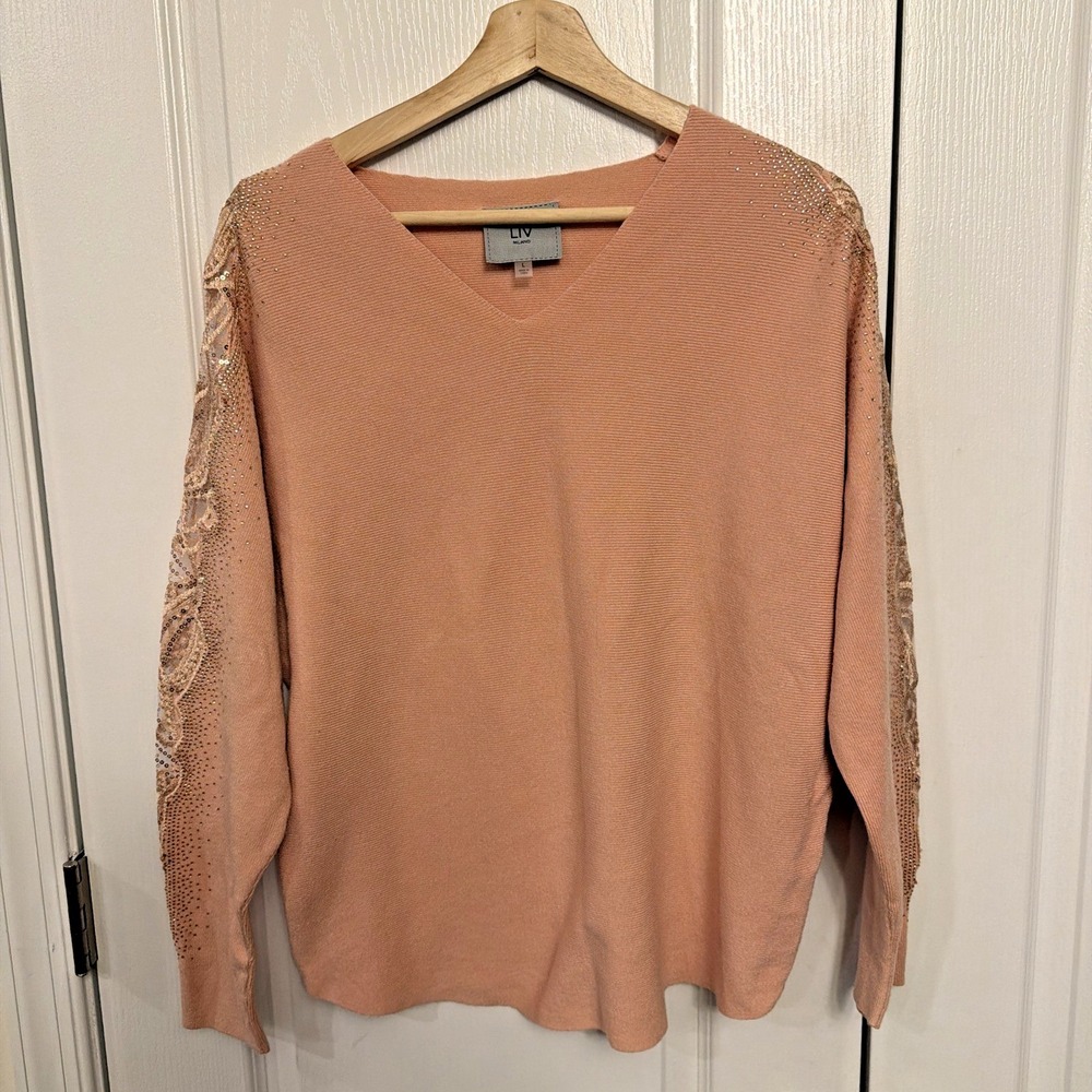 LIV Milano Women's Sweater Size Large Light Pink Rhinestones Lace Glam Sparkle